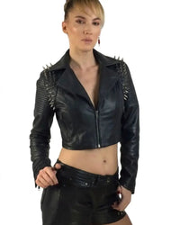 Black Leather Studded Women Jacket with Chain at back