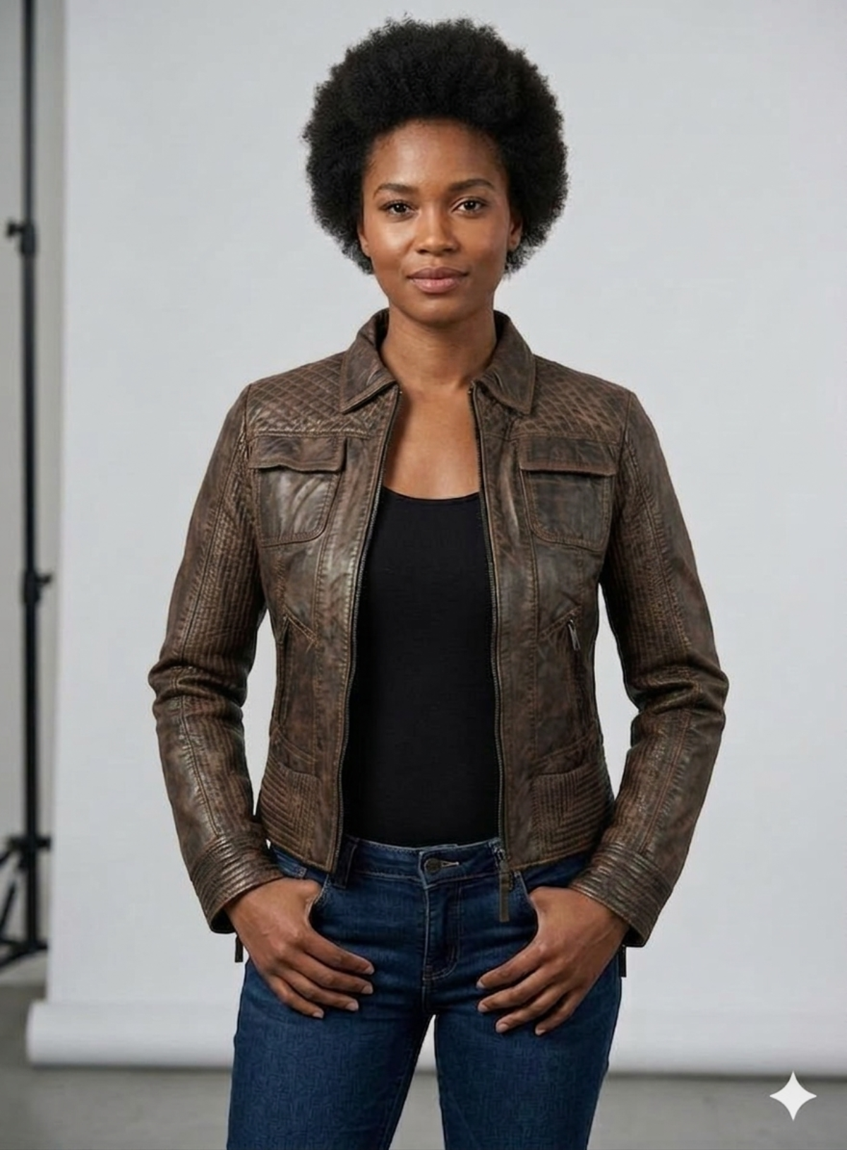 Women Washed Vintage Leather Short Jacket