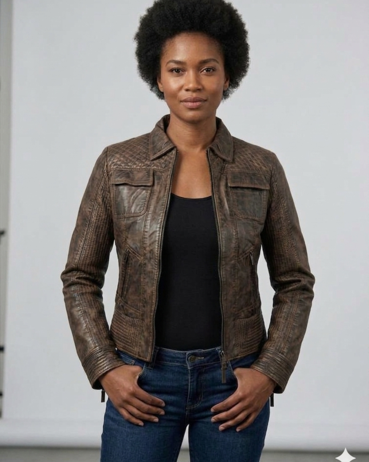 Women Washed Vintage Leather Short Jacket