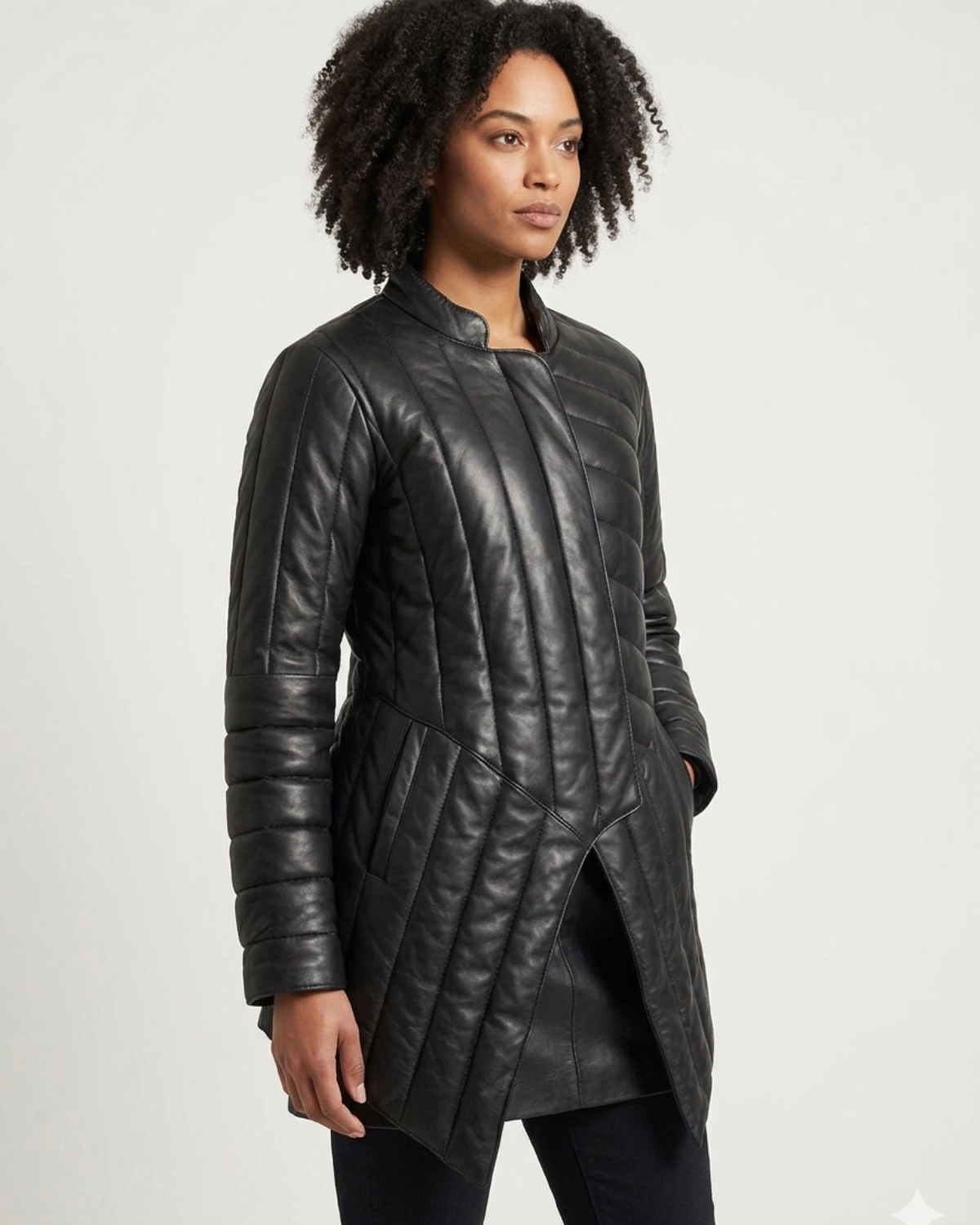Whitney- Asymmetrical Puffer Soft Lamb Leather Women Long Trench Coat