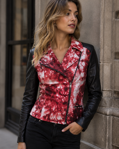 WWomen's Genuine Leather Batik Print designer  Biker Jacket