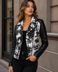 WWomen's Genuine Leather Batik Print designer  Biker Jacket