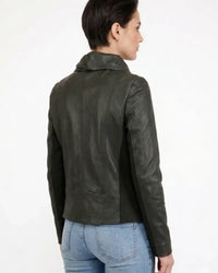 Women's Black Designer Leather Jacket with Oversized Collar