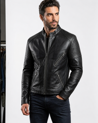 Men's Black Genuine Leather Biker Jacket with Quilted Sleeves with  Stand Collar