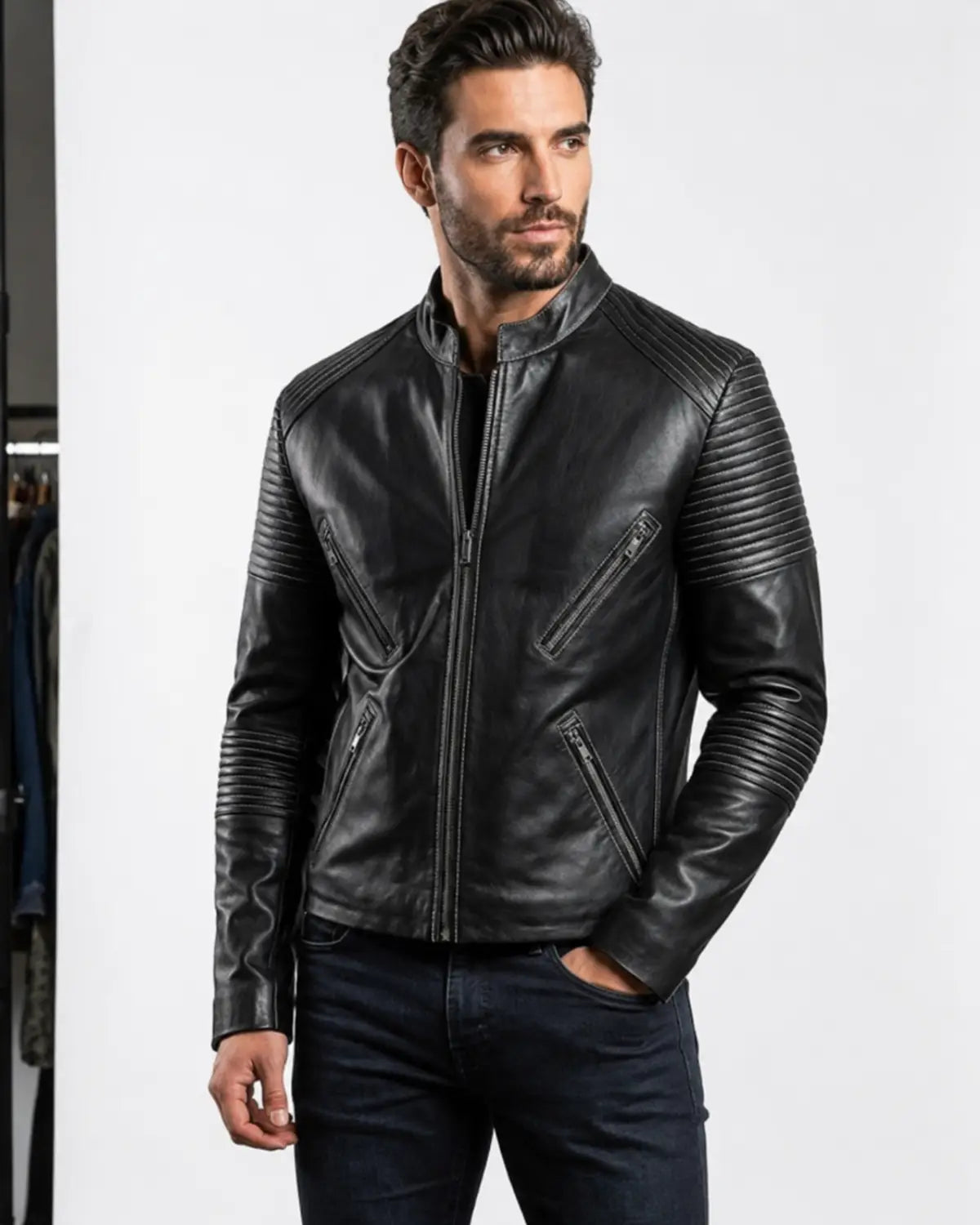 Men's Black Genuine Leather Biker Jacket with Quilted Sleeves with  Stand Collar