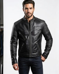 Men's Black Genuine Leather Biker Jacket with Quilted Sleeves with  Stand Collar