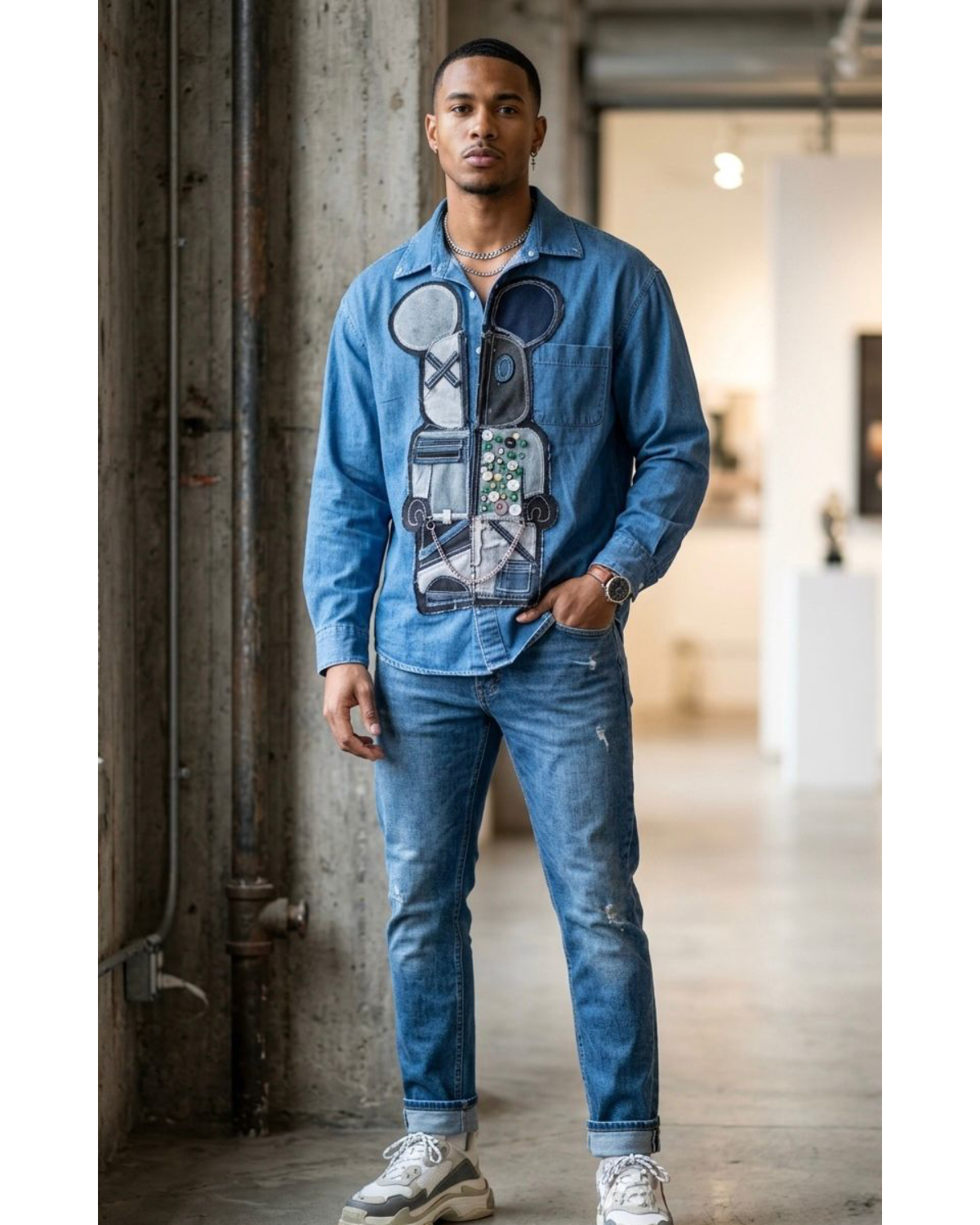 Handmade Unisex Denim Jacket with Artistic Patchwork Design