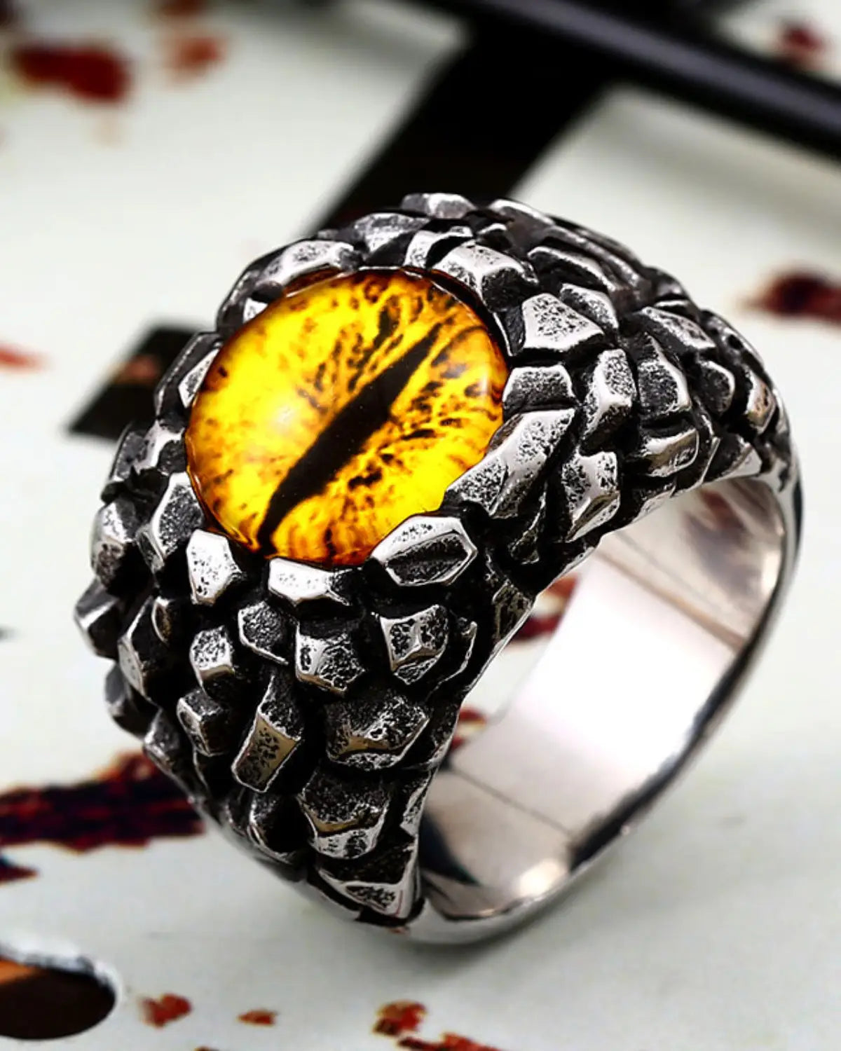 Punk Demon Eyes Red Yellow Stone Men's Ring Fashion Stainless Steel Ring