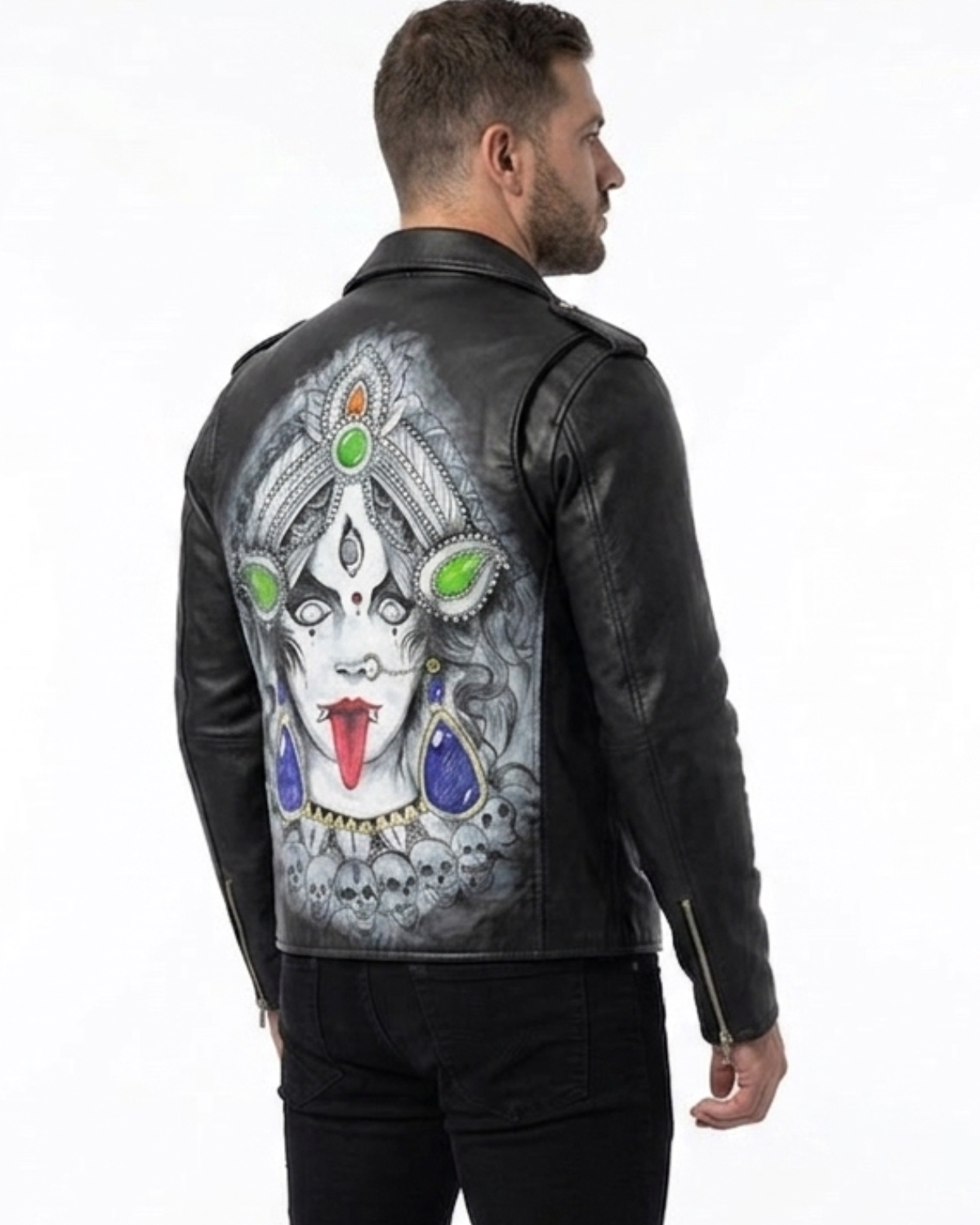 Mens Hand painted Lord Kali Leather Jacket 