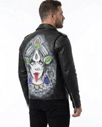 Hand Painted Maa Durga  face   Leather Biker Jacket