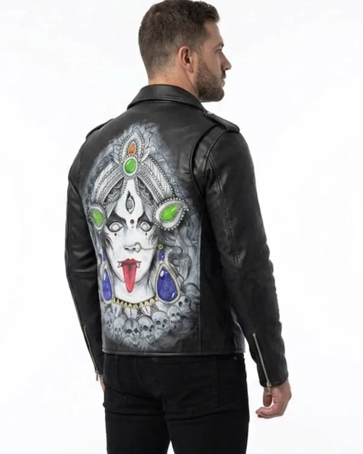 Hand Painted Maa Durga  face   Leather Biker Jacket