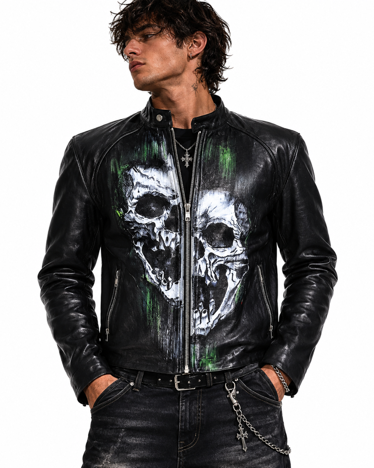 Limited Edition Hand Painted Leather Men Jacket With Distorted Skull