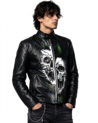 Limited Edition Hand Painted Leather Men Jacket With Distorted Skull