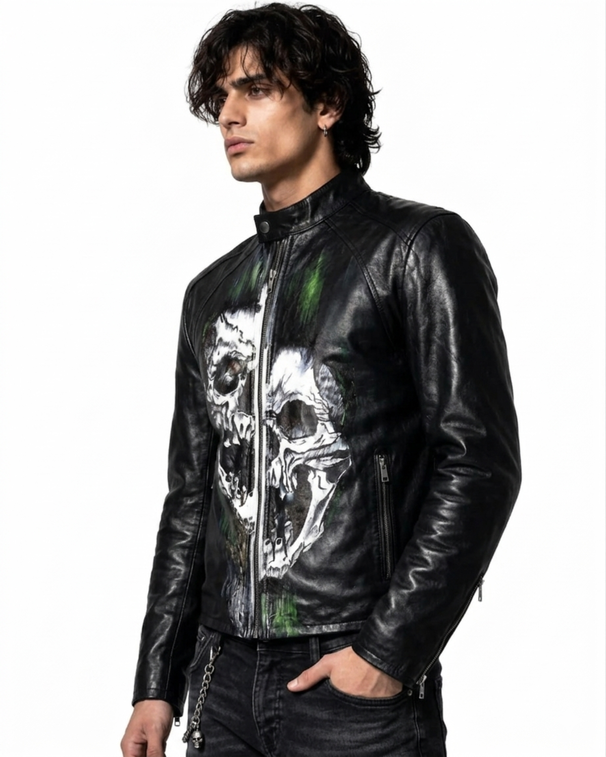 Limited Edition Hand Painted Leather Men Jacket With Distorted Skull