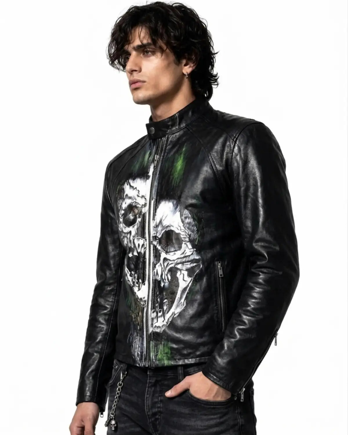 Limited Edition Hand Painted Leather Men Jacket With Distorted Skull