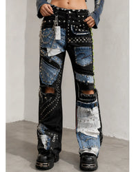 Handmade Patchwork Studded Denim Pants – Unisex Punk Streetwear Jeans