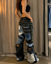 Handmade Patchwork Studded Denim Pants – Unisex Punk Streetwear Jeans
