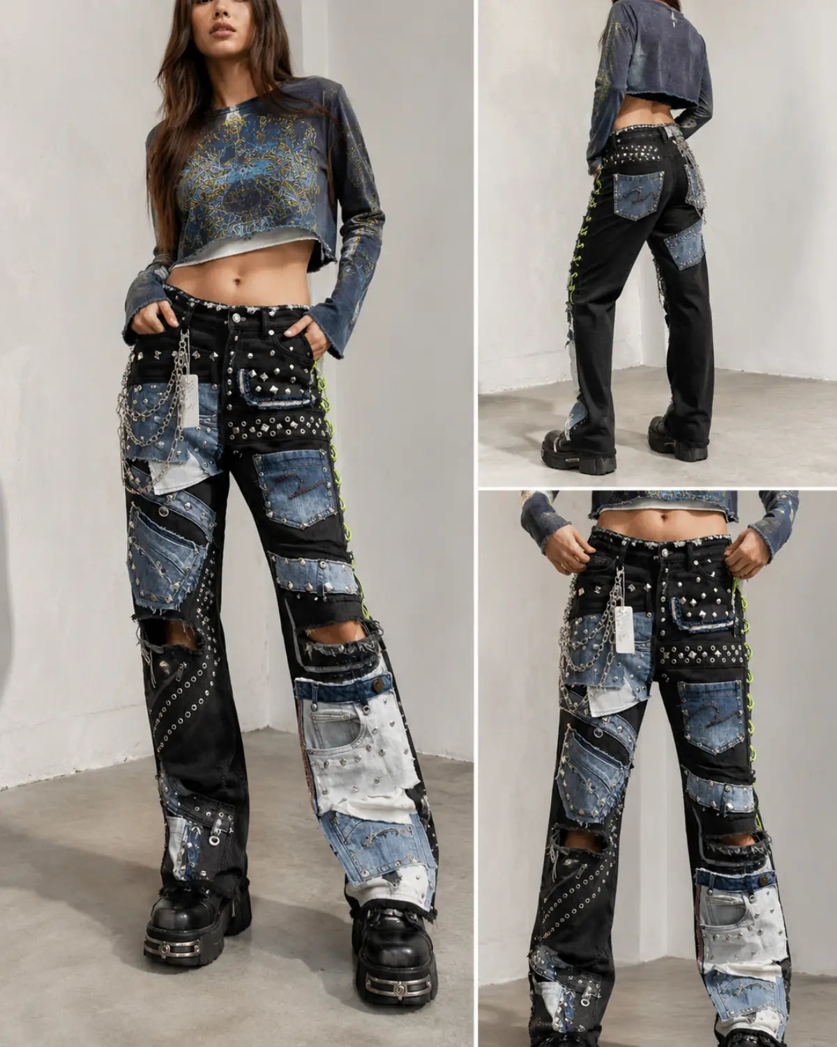 Handmade Patchwork Studded Denim Pants – Unisex Punk Streetwear Jeans