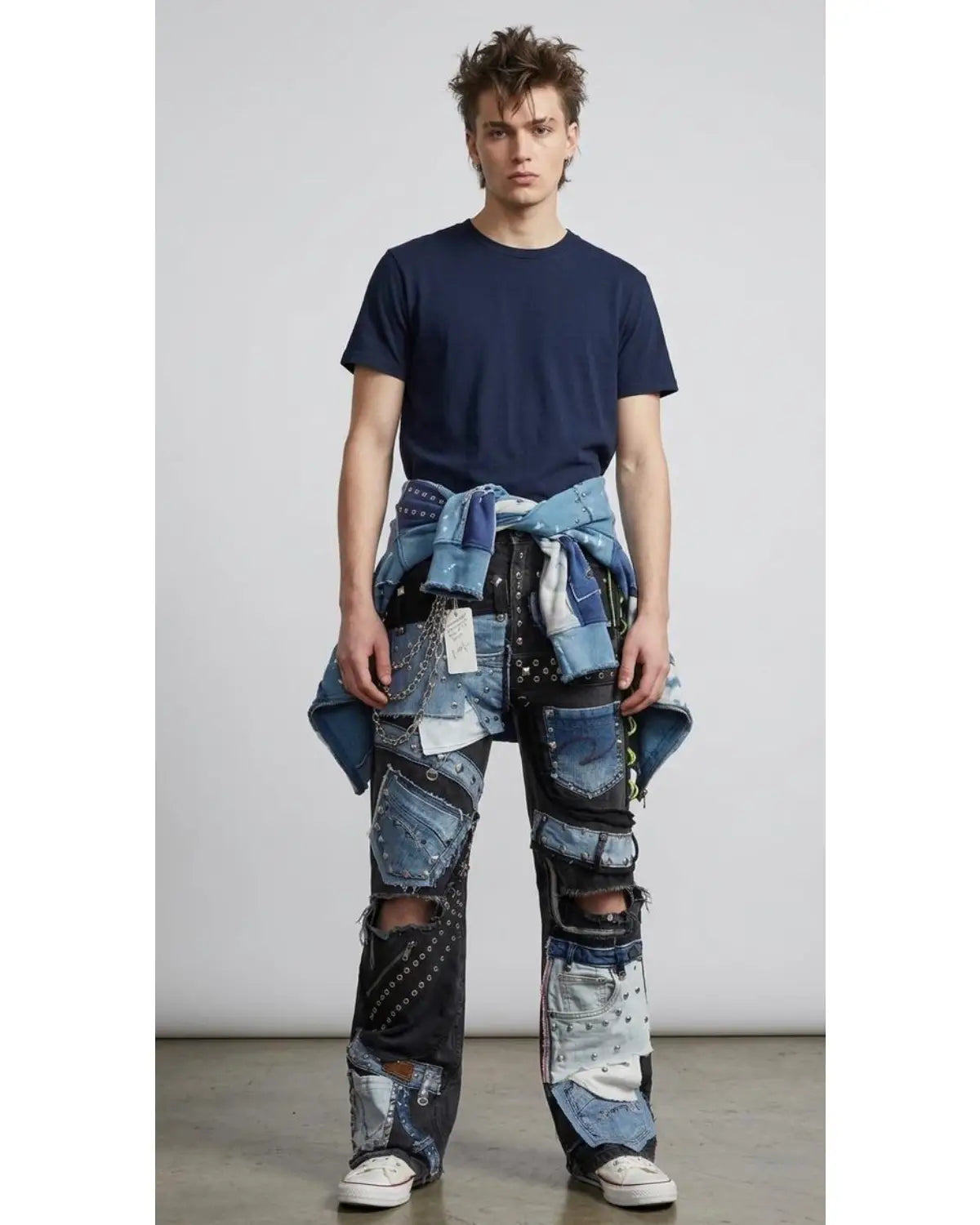 Handmade Patchwork Studded Denim Pants – Unisex Punk Streetwear Jeans