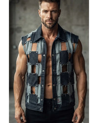 Handmade patchwork denim vest for men with distressed raw edges and open-grid design