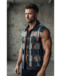 Handmade patchwork denim vest for men with distressed raw edges and open-grid design