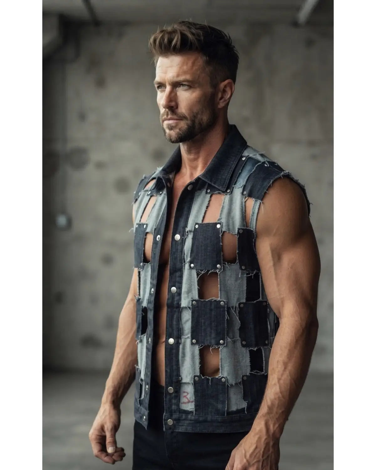 Handmade patchwork denim vest for men with distressed raw edges and open-grid design