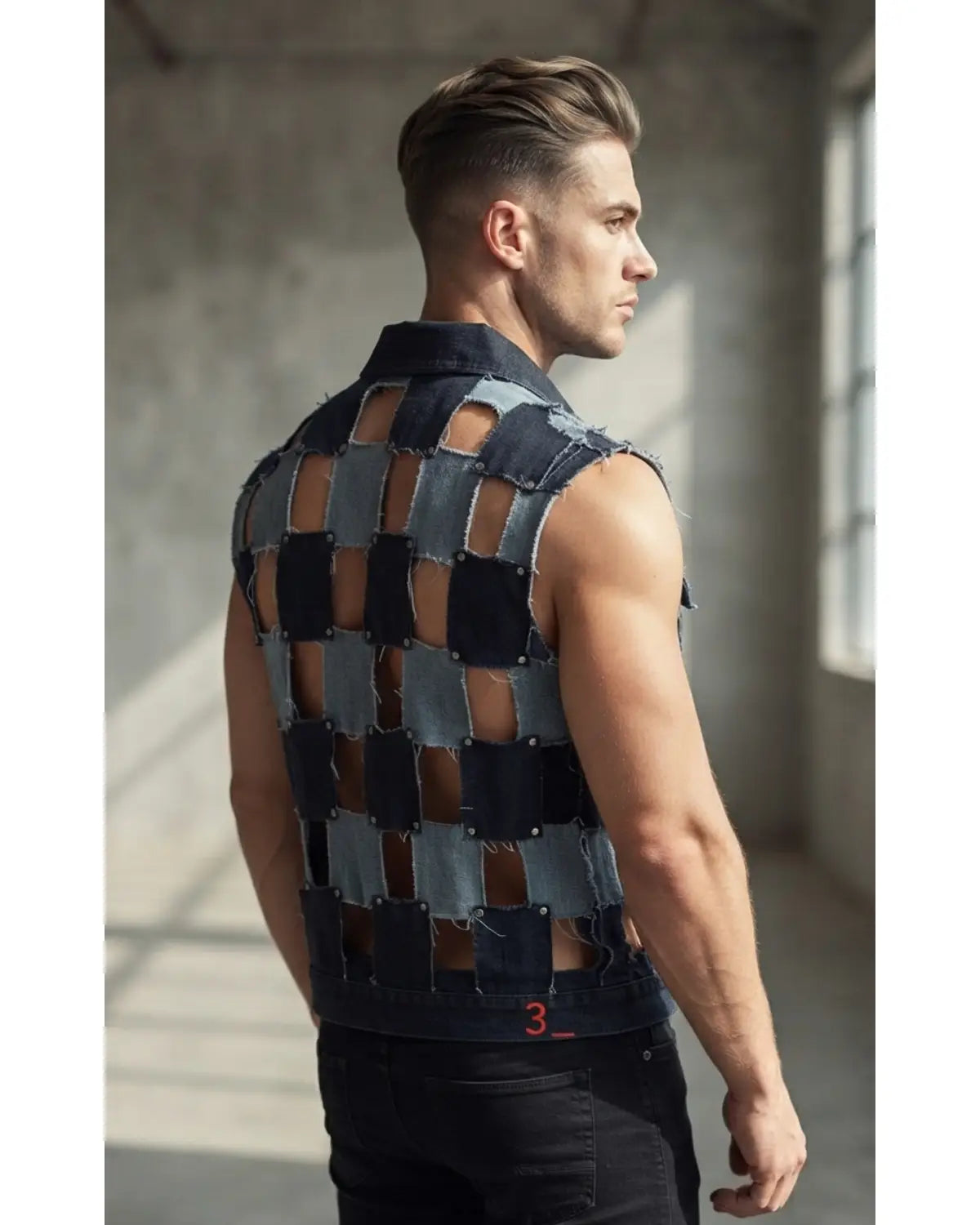 Handmade patchwork denim vest for men with distressed raw edges and open-grid design