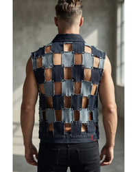 Handmade patchwork denim vest for men with distressed raw edges and open-grid design
