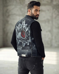 SEO Image Alt Text:
Unisex hand painted denim vest with unique artwork and vintage blue denim finish