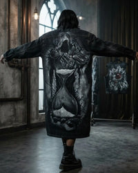 Long oversized unisex denim dress with hand-painted hooded figure and hourglass artwork
