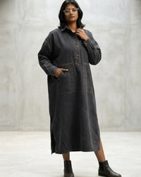 Long oversized unisex denim dress with hand-painted hooded figure and hourglass artwork

