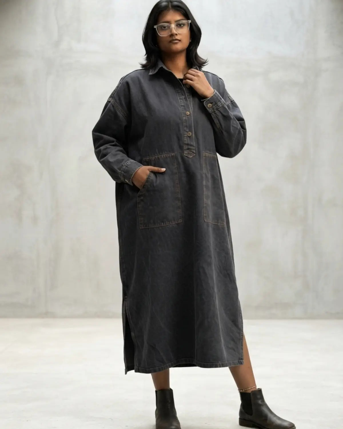 Long oversized unisex denim dress with hand-painted hooded figure and hourglass artwork
