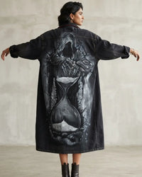 Long oversized unisex denim dress with hand-painted hooded figure and hourglass artwork
