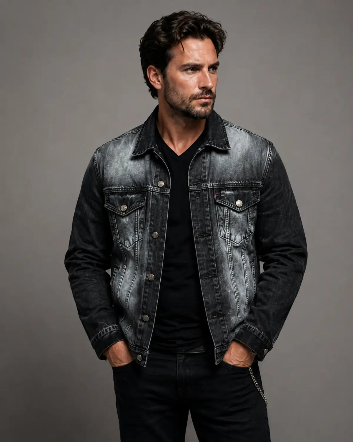 Front view of a man wearing a custom hand-painted black denim jacket and dark jeans in an alternative streetwear style