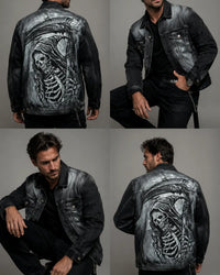 Front view of a man wearing a custom hand-painted black denim jacket and dark jeans in an alternative streetwear style