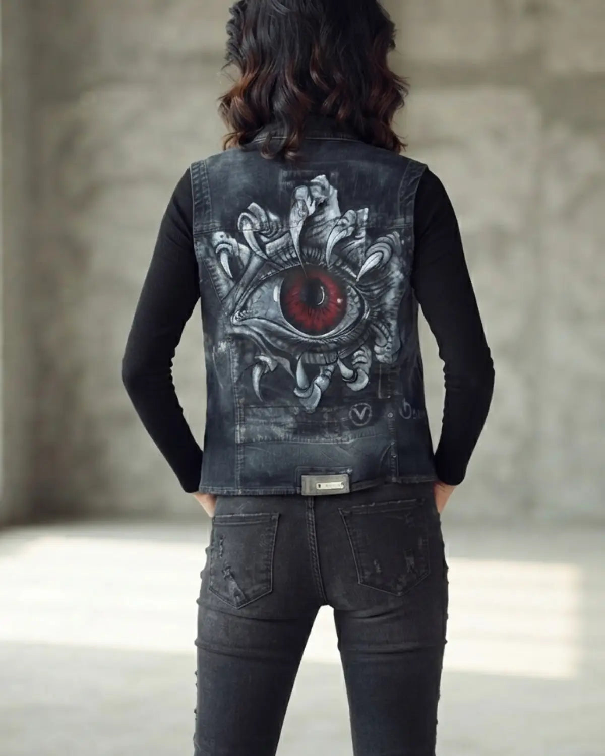 SEO Image Alt Text:
Unisex hand painted denim vest with unique artwork and vintage blue denim finish