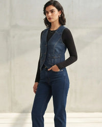 SEO Image Alt Text:
Unisex hand painted denim vest with unique artwork and vintage blue denim finish