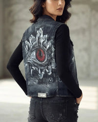 SEO Image Alt Text:
Unisex hand painted denim vest with unique artwork and vintage blue denim finish