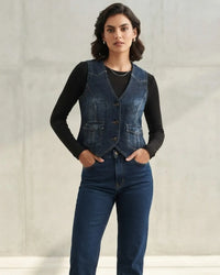 SEO Image Alt Text:
Unisex hand painted denim vest with unique artwork and vintage blue denim finish