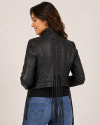 Designer Women Hand Woven Fringed Leather Jacket