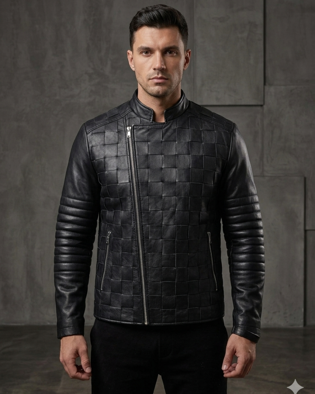 Matty Designer Men MotorBiker Woven Leather Jacket