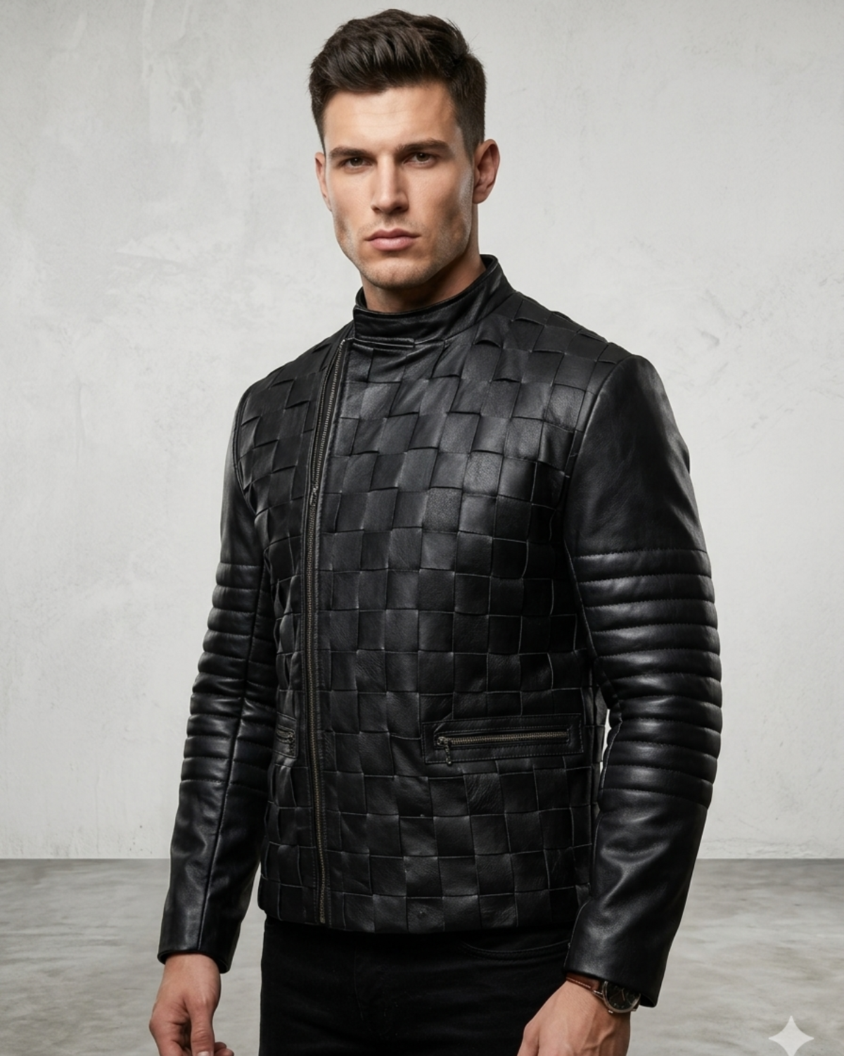 Matty Designer Men MotorBiker Woven Leather Jacket