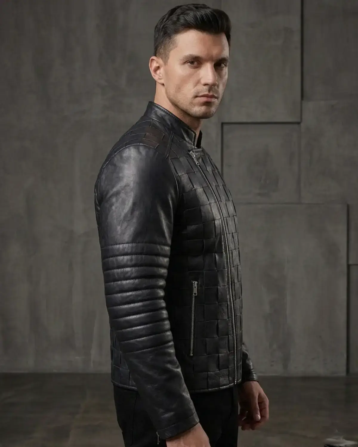 Matty Designer Men MotorBiker Woven Leather Jacket