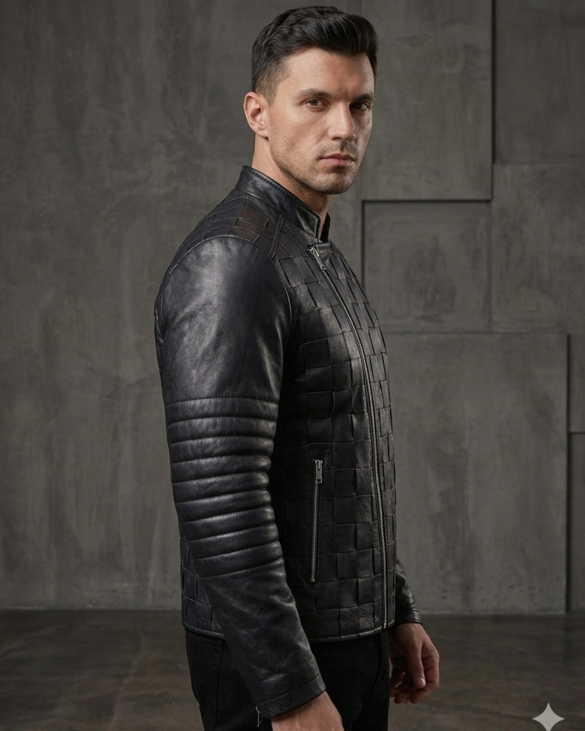 Matty Designer Men MotorBiker Woven Leather Jacket