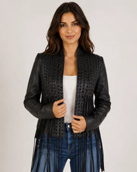 Designer Women Hand Woven Fringed Leather Jacket