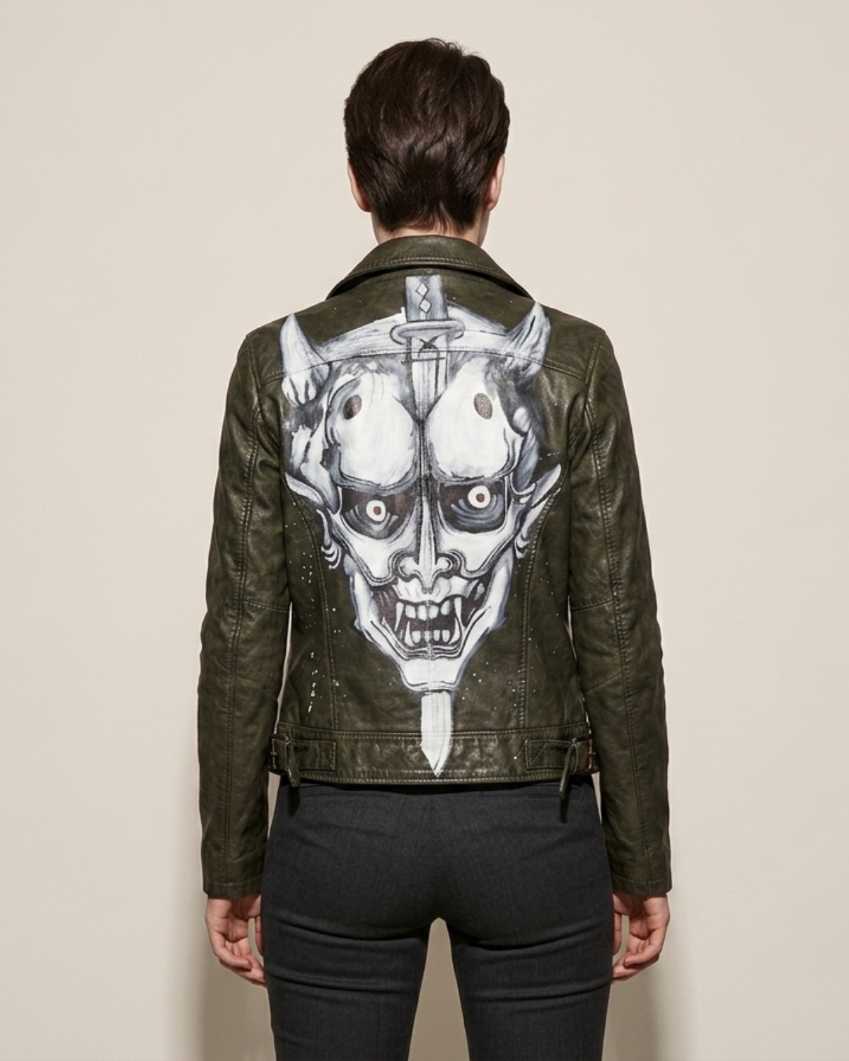 Hand Painted Japanese Demon on Leather Jacket 