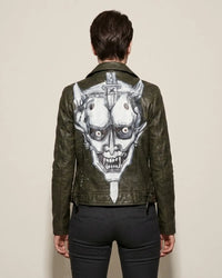 Hand Painted Japanese Demon Leather Women Jacket