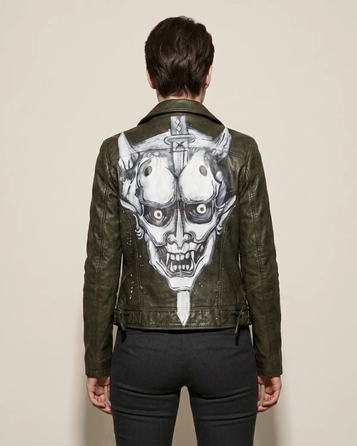 Hand Painted Japanese Demon Leather Women Jacket