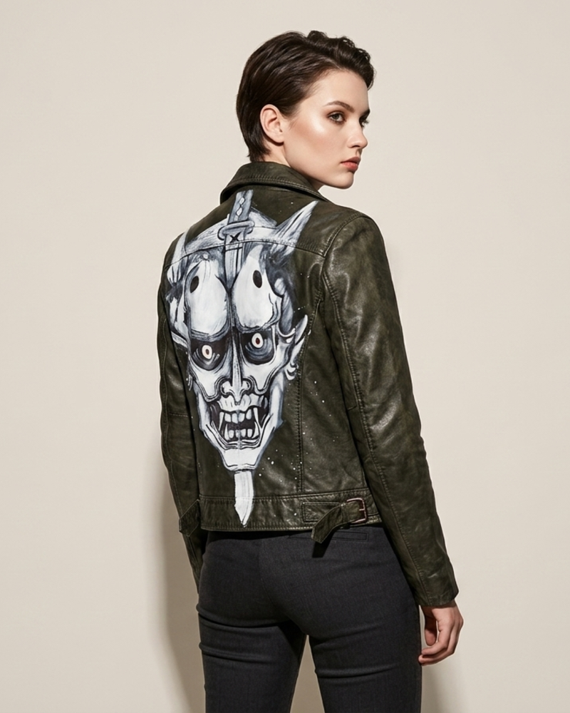 Hand Painted Japanese Demon on Leather Jacket 