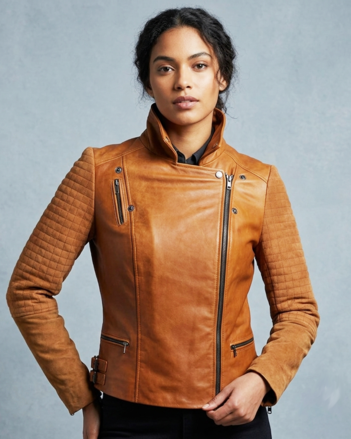 Women Leather Biker Jacket with Two Tone Oil Pull up and Suede Leather